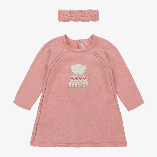 Mayoral-Baby Girls Pink Knitted Bear Dress Set | Childrensalon Outlet