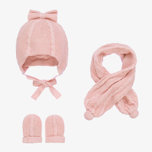 Mayoral-Baby Girls Pink Knitted Cotton Hat Set | Childrensalon Outlet