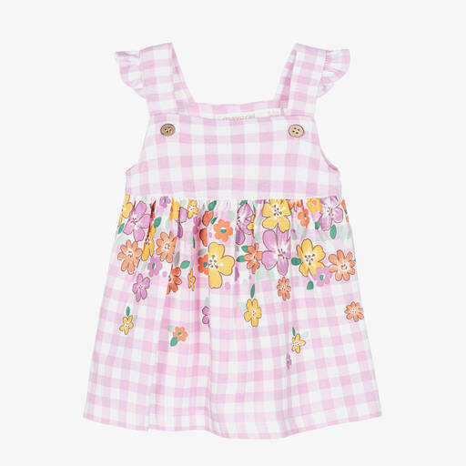 Mayoral-Baby Girls Purple Gingham Floral Dress | Childrensalon Outlet
