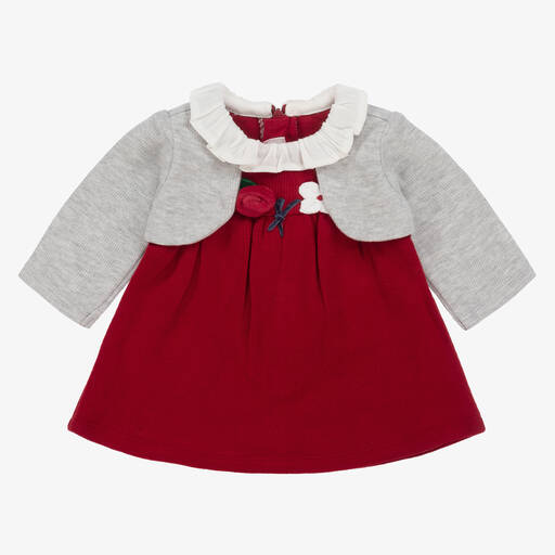 Mayoral-Baby Girls Red & Grey Cotton Dress | Childrensalon Outlet