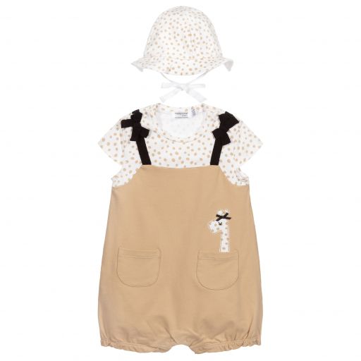 Mayoral Newborn-Beiges Kurzstrampler-Set mit Giraffe  | Childrensalon Outlet