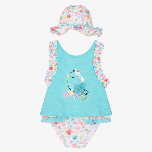 Mayoral-Baby Girls Turquoise Blue Floral Beach Set | Childrensalon Outlet