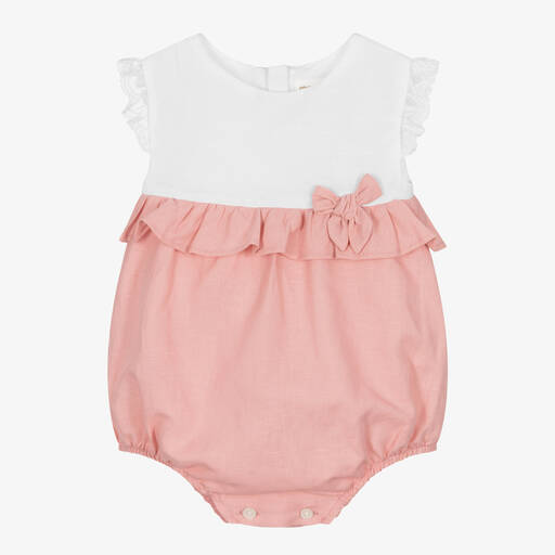 Mayoral-Baby Girls White & Pink Linen Shortie | Childrensalon Outlet