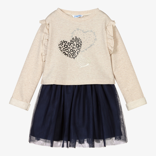 Mayoral-Beige & Blue Tulle Dress Set | Childrensalon Outlet