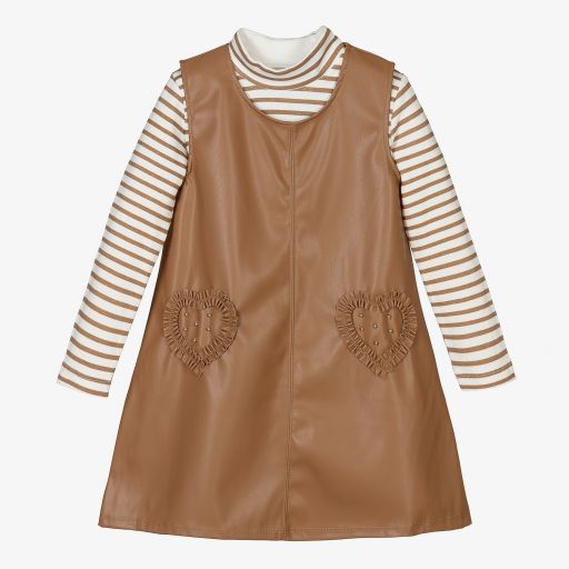 Mayoral-Beige Faux Leather Dress Set | Childrensalon Outlet