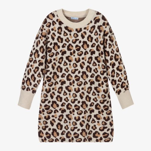 Mayoral-Beige Leopard Knitted Dress | Childrensalon Outlet