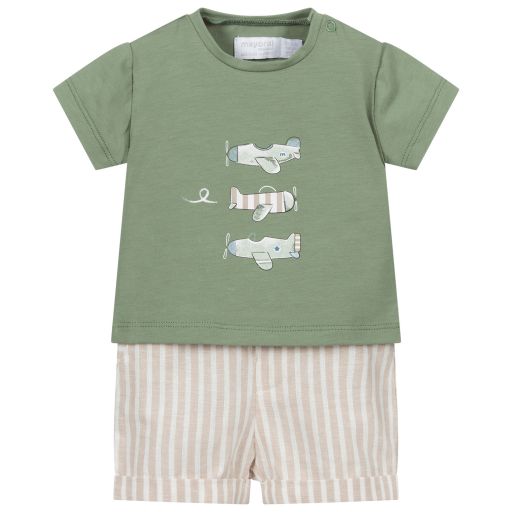 Mayoral Newborn-Beige Striped Linen Shorts Set | Childrensalon Outlet
