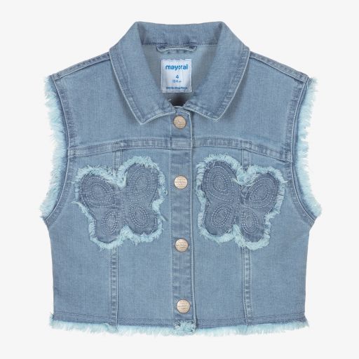 Mayoral-Blue Butterfly Denim Gilet | Childrensalon Outlet