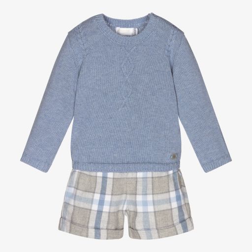 Mayoral Newborn-Blue Check Cotton Shorts Set | Childrensalon Outlet