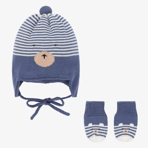 Mayoral Newborn-طقم قبعة وقفازات قطن لون أزرق وعاجي للأطفال | Childrensalon Outlet