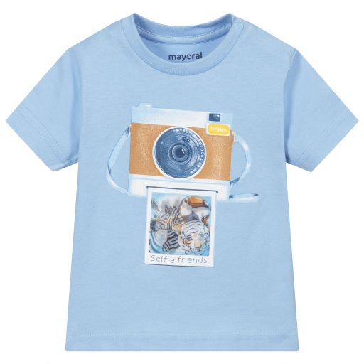 Mayoral-Голубая хлопковая футболка с фотографией | Childrensalon Outlet