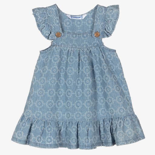Mayoral-Голубое платье из шамбре с прорезной вышивкой | Childrensalon Outlet