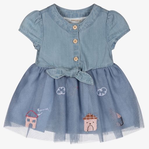 Mayoral Newborn-Blue Denim & Tulle Baby Dress | Childrensalon Outlet