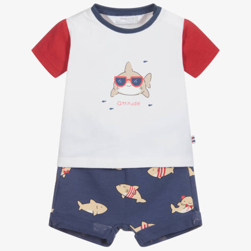 Mayoral Newborn-طقم شورت وتوب قطن جيرسي لون كحلي وأبيض للأطفال | Childrensalon Outlet