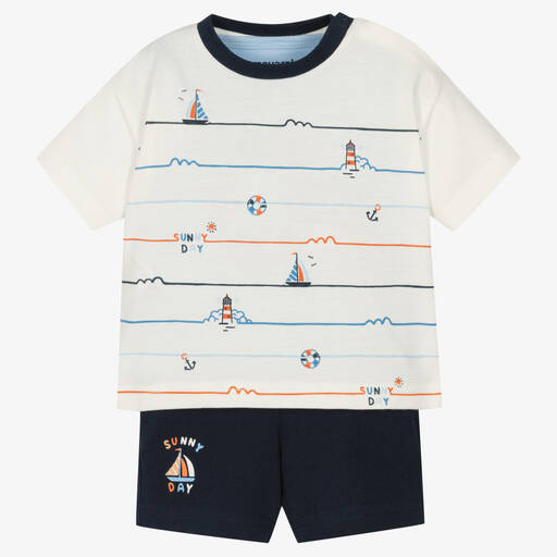 Mayoral-Boys Blue Cotton 3 Piece Shorts Set  | Childrensalon Outlet