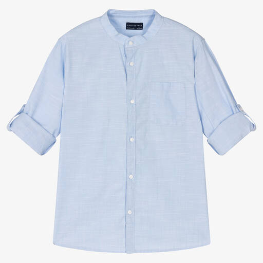 Mayoral Nukutavake-Boys Blue Cotton Collarless Shirt | Childrensalon Outlet