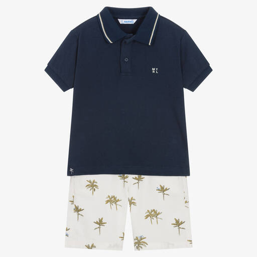 Mayoral-Синяя рубашка и кремовые шорты с пальмами | Childrensalon Outlet