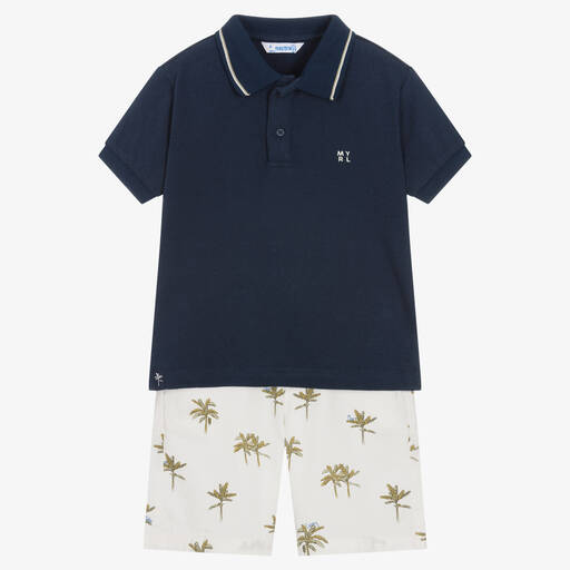 Mayoral-Boys Blue & Ivory Palm Tree Shorts Set | Childrensalon Outlet