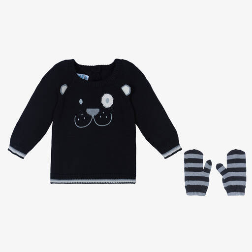 Mayoral-Синий вязаный свитер с медвежонком и варежки | Childrensalon Outlet