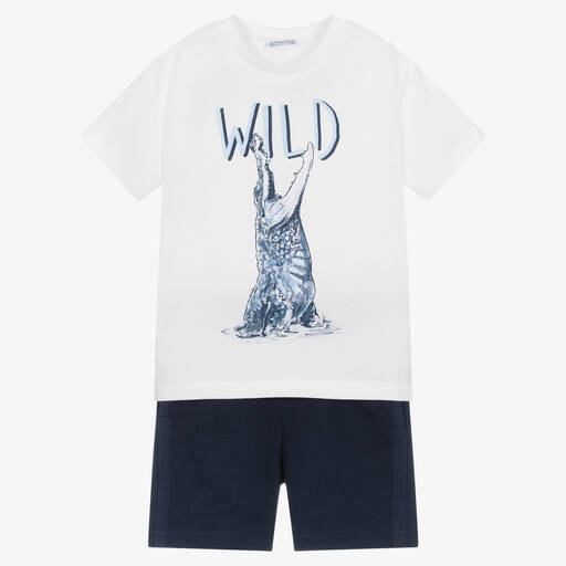 Mayoral-Boys Blue & White Cotton Short Set | Childrensalon Outlet