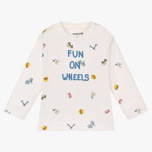 Mayoral-Boys Ivory Cotton Jersey Slogan Top | Childrensalon Outlet