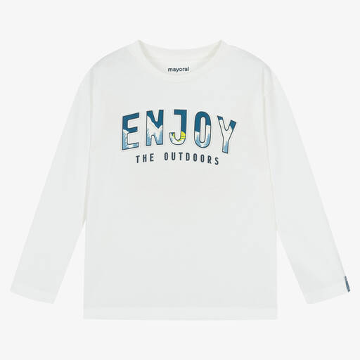 Mayoral-Boys Ivory Cotton Slogan Top | Childrensalon Outlet