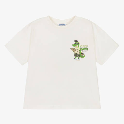 Mayoral-T-shirt ivoire en coton garçon | Childrensalon Outlet