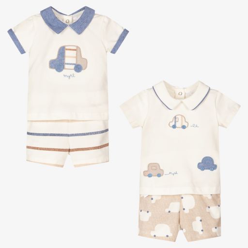 Mayoral Newborn-طقم شورت قطن جيرسي لون عاجي وأزرق وبيج للمواليد (عدد 2) | Childrensalon Outlet
