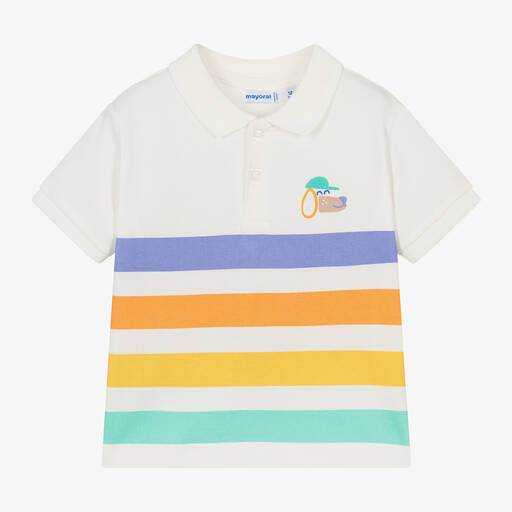 Mayoral-Boys Ivory Striped Cotton Polo Shirt | Childrensalon Outlet