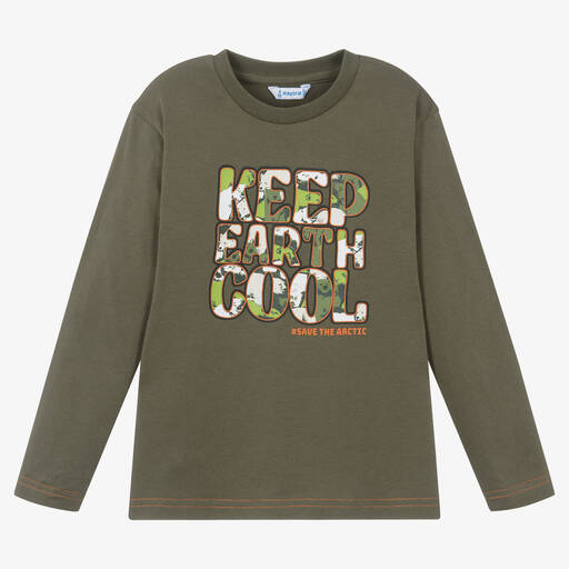 Mayoral-Boys Khaki Green Cotton Slogan Top  | Childrensalon Outlet