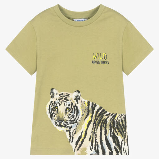 Mayoral-Boys Khaki Green Cotton Tiger T-Shirt | Childrensalon Outlet