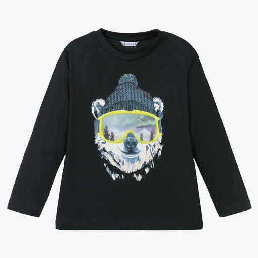 Mayoral-Boys Navy Blue Cotton Polar Bear Top | Childrensalon Outlet