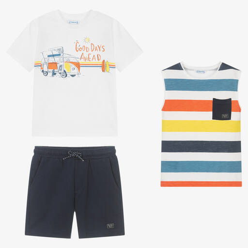Mayoral-Boys White & Blue Cotton Shorts Set | Childrensalon Outlet