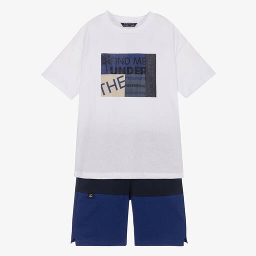 Mayoral Nukutavake-Boys White & Navy Blue Cotton Shorts Set | Childrensalon Outlet