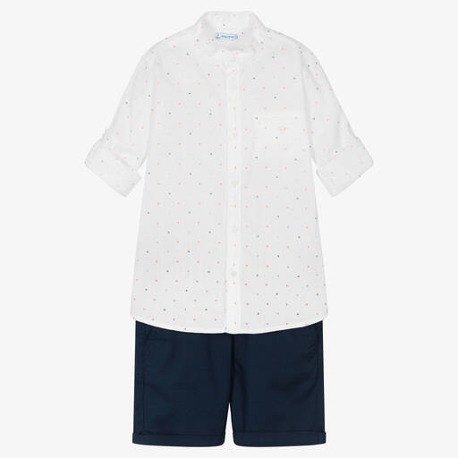 Mayoral-Белая рубашка и синие шорты из хлопка | Childrensalon Outlet