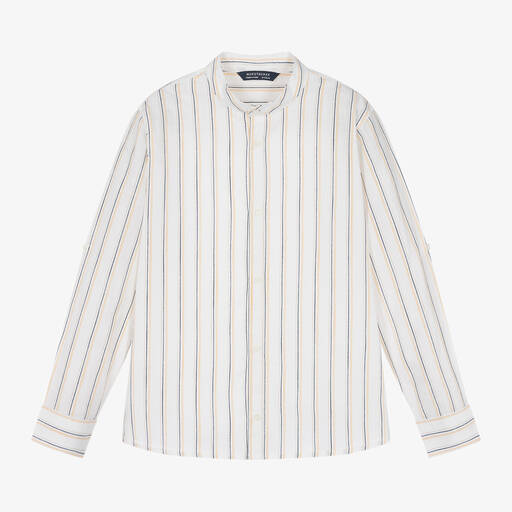 Mayoral Нукутаваке-Boys White Stripe Collarless Cotton Shirt | Childrensalon Outlet