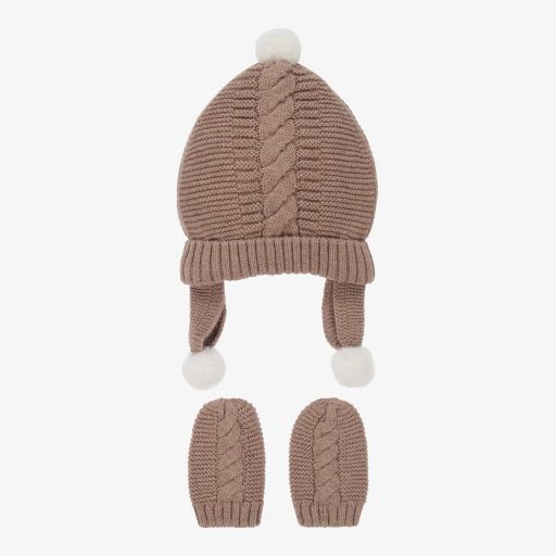 Mayoral Newborn-Brown Knit Hat & Mittens Set  | Childrensalon Outlet