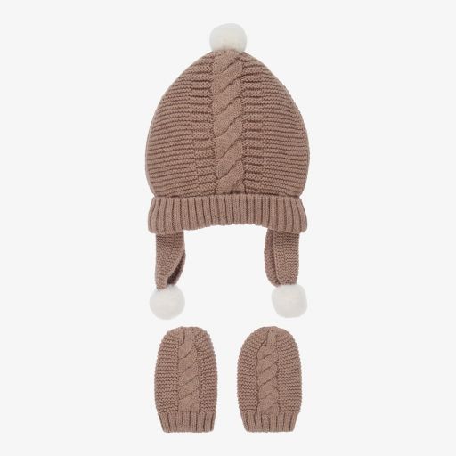 Mayoral Newborn-Ensemble bonnet et moufles marron en maille  | Childrensalon Outlet