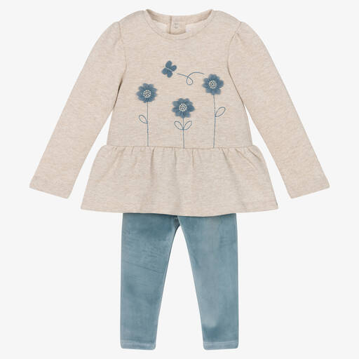 Mayoral-Girls Beige & Blue Floral Leggings Set | Childrensalon Outlet