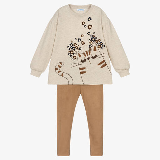 Mayoral-Girls Beige & Brown Cotton Leggings Set | Childrensalon Outlet