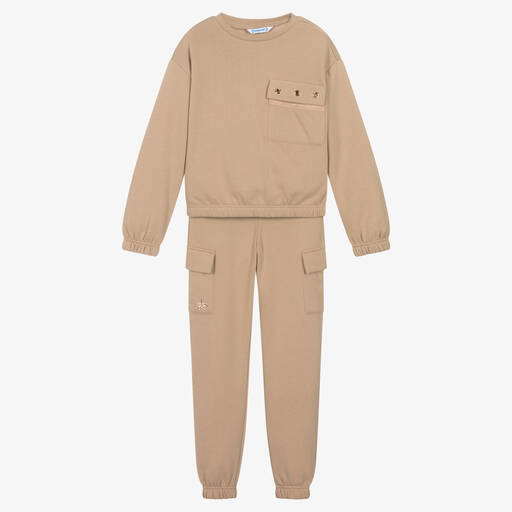 Mayoral-Girls Beige Cotton Jersey Tracksuit | Childrensalon Outlet