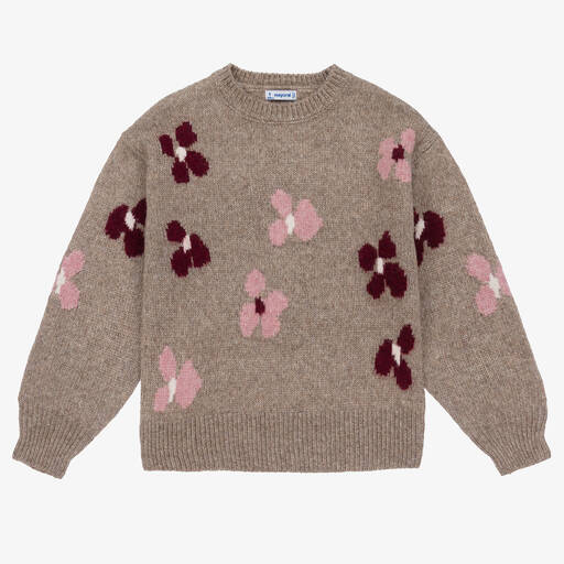 Mayoral-Girls Beige Floral Knitted Sweater | Childrensalon Outlet