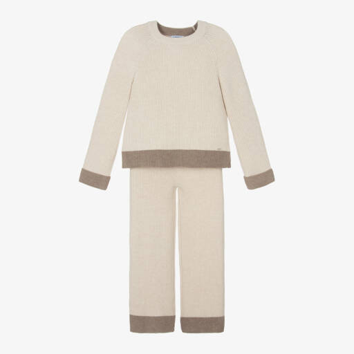 Mayoral-Girls Beige Knit Trousers Ensemble | Childrensalon Outlet