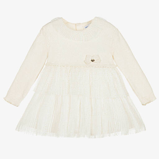 Mayoral-Бежевое трикотажное платье с отделкой из тюля | Childrensalon Outlet