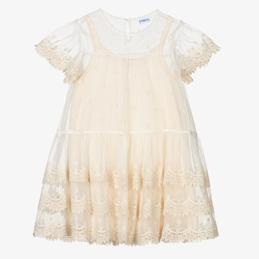 Mayoral-Girls Beige Lace & Tulle Dress | Childrensalon Outlet