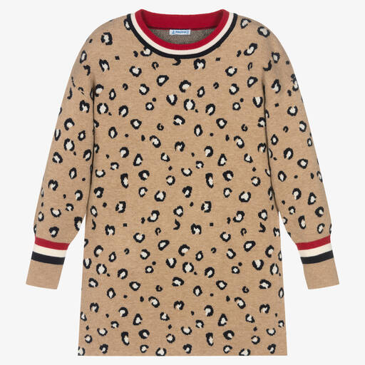 Mayoral-Girls Beige Leopard Print Knitted Dress | Childrensalon Outlet