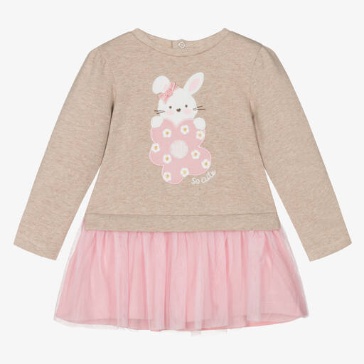 Mayoral-Girls Beige & Pink Cotton & Tulle Dress | Childrensalon Outlet