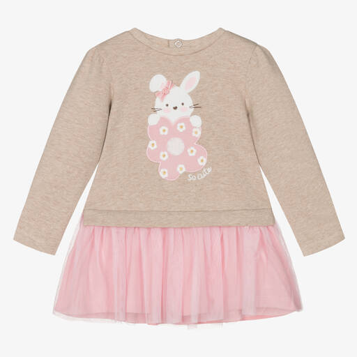 Mayoral-Бежево-розовое платье из хлопка и тюля | Childrensalon Outlet