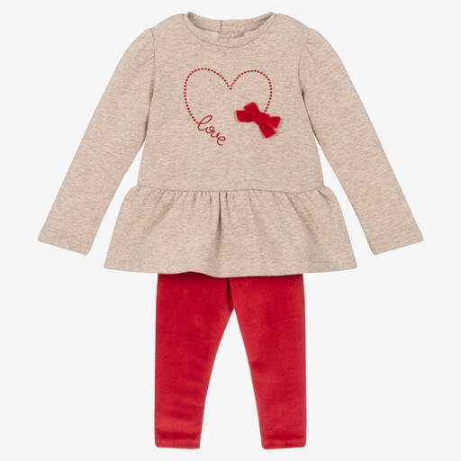 Mayoral-Бежевый топ с сердцем и красные легинсы | Childrensalon Outlet