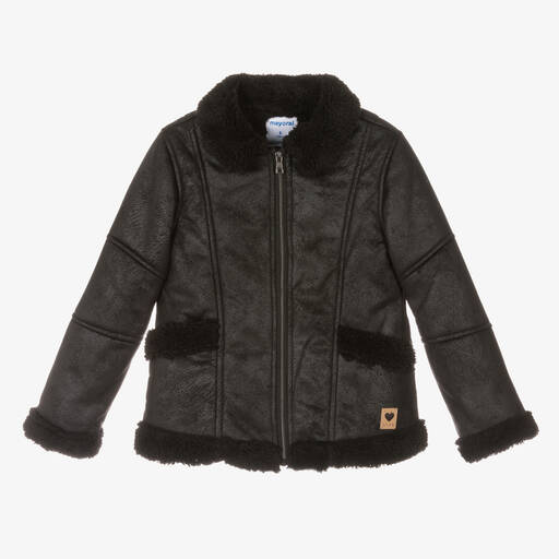 Mayoral-Girls Black Faux Sheepskin Jacket | Childrensalon Outlet